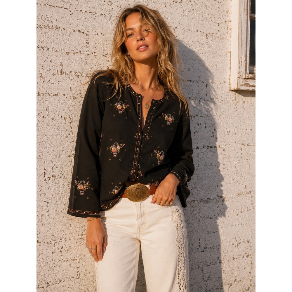 Vintage Lily Black Viscose Hand Embroidered Floral Button Top Folk Cottagecore M